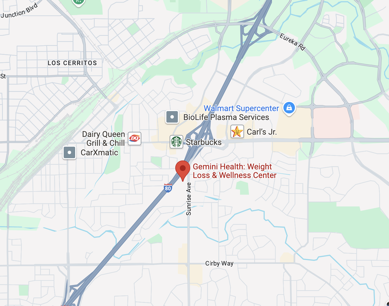 Map showing Gemini Health & Wellness on Sunrise Ave in Roseville, CA